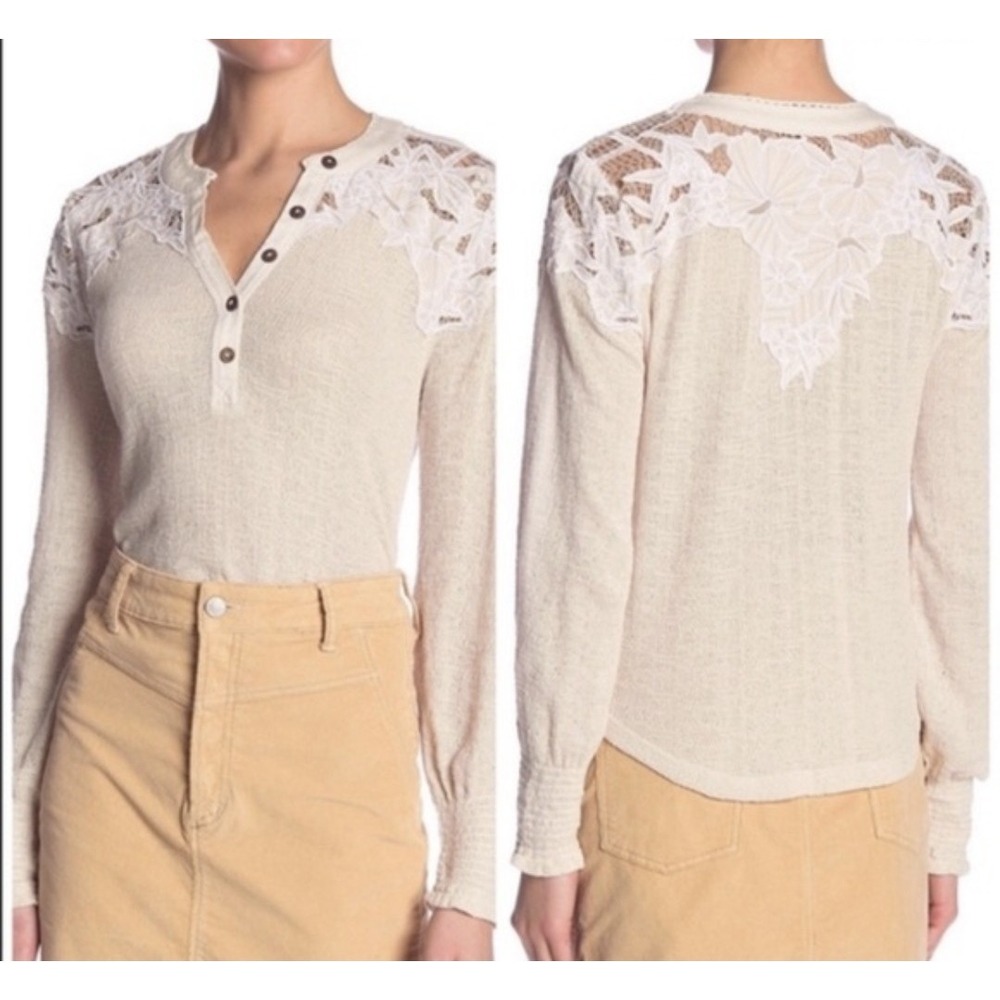 Free‎ People Easy Breezy Henley-Floral Applique Beige Long Sleeve Top L